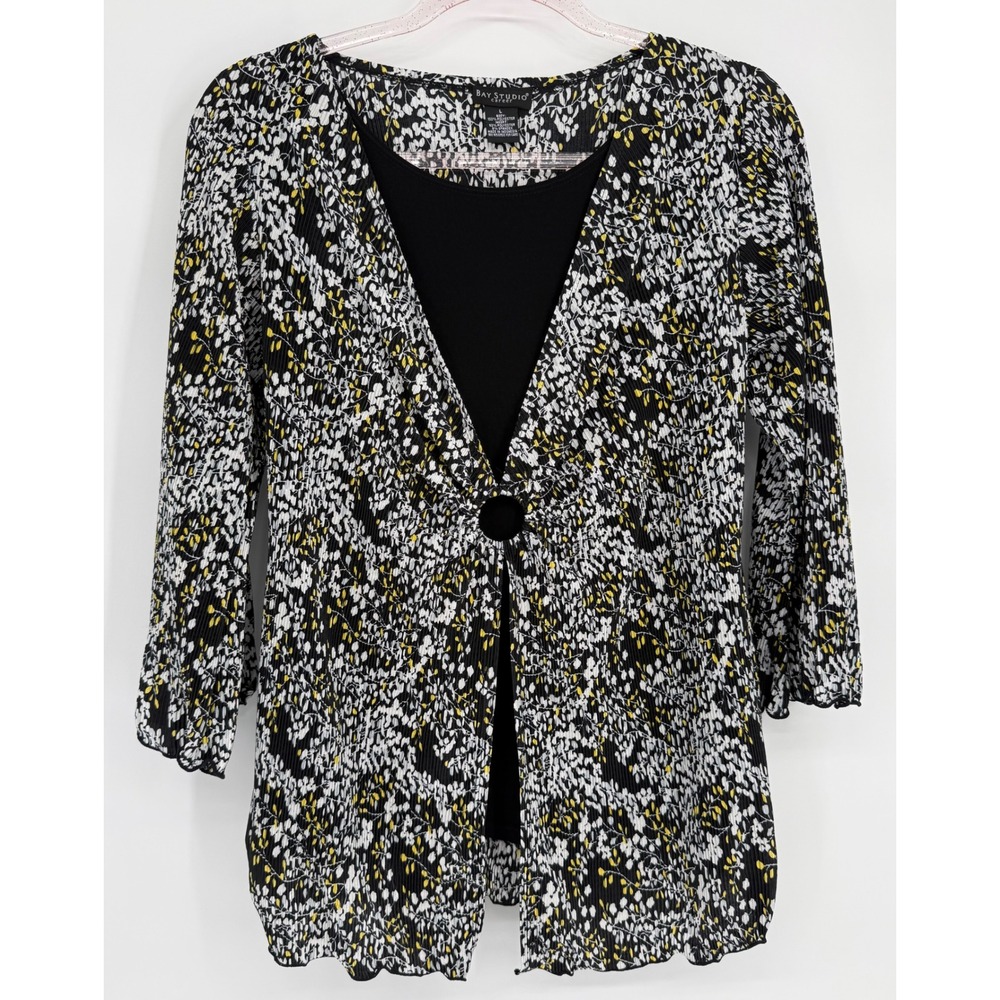 Bay Studio Womens Layered Set Floral 3/4 Sleeve Cardigan Tank Black Yellow  Sz L